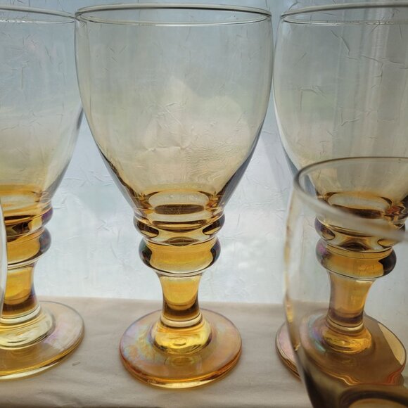 Set Of 6 Vintage Libbey Splash Amber Iridescent Glass Goblets With Ribbed Stem - Picture 6 of 8